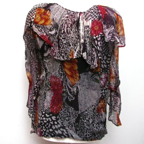 Vintage French Gear Boho Frilly Layered Blouse Floral Rayon Crepe  Size Small - Picture 3 of 10